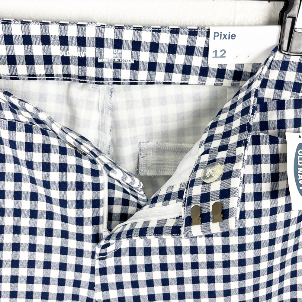 OLD NAVY Blue White Gingham Checkered Plaid Pixie High Rise Cropped Pants  12 - Picture 5 of 12